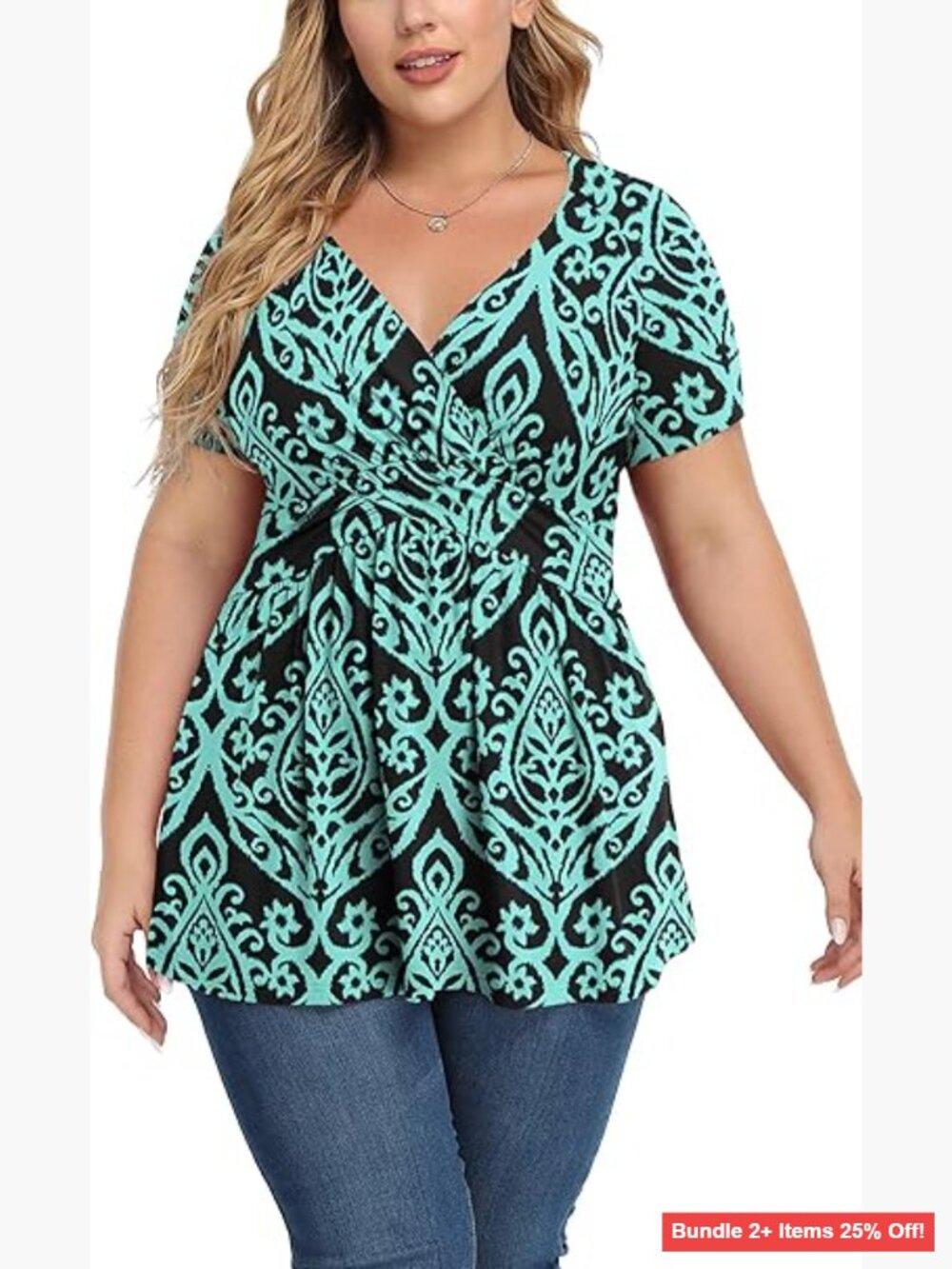 Plus Size Tunic Top Short Sleeve V-Neck Loose Fit Rayon Spandex